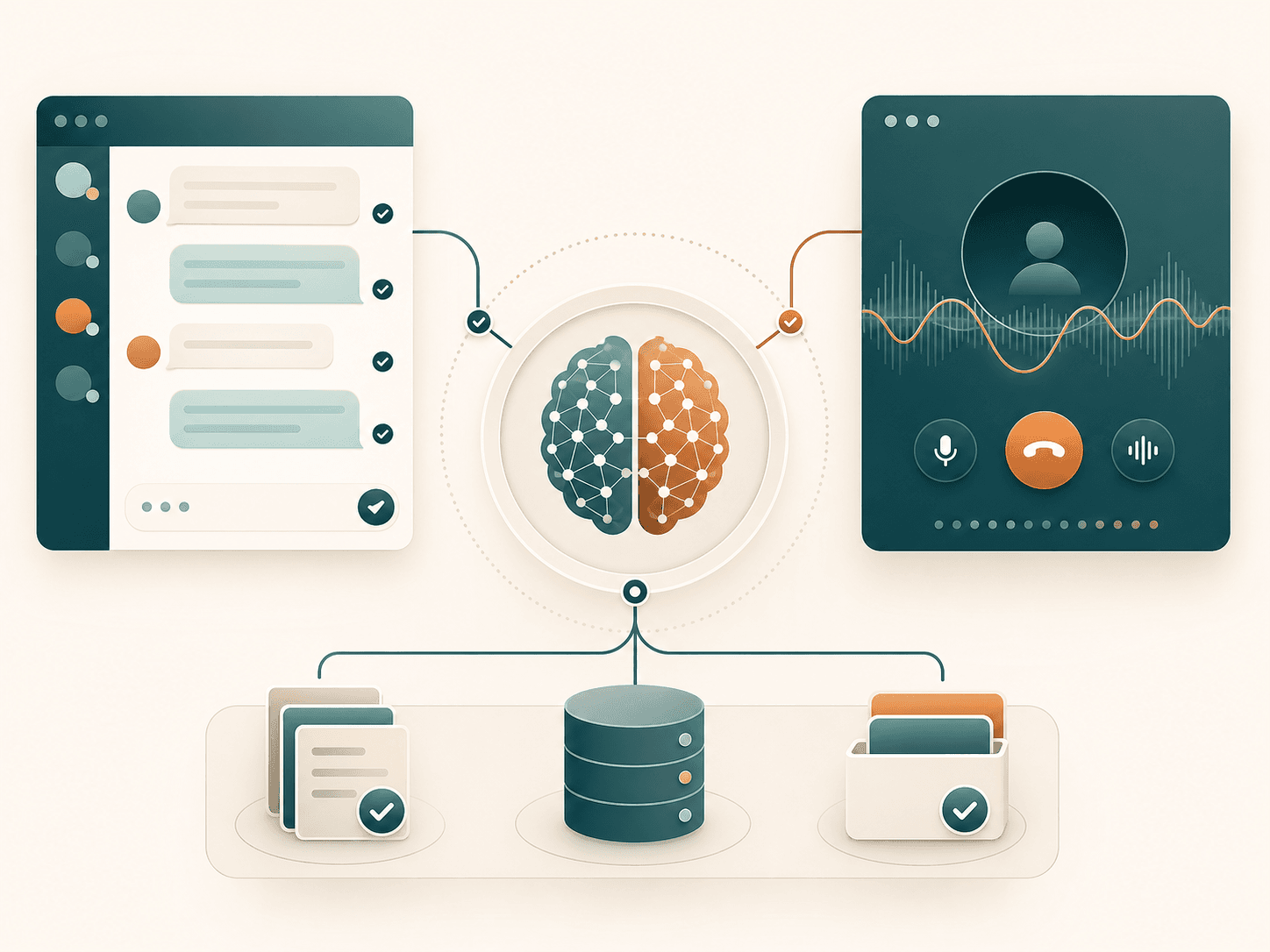 Chat and voice conversations connected to the same Convo knowledge system
