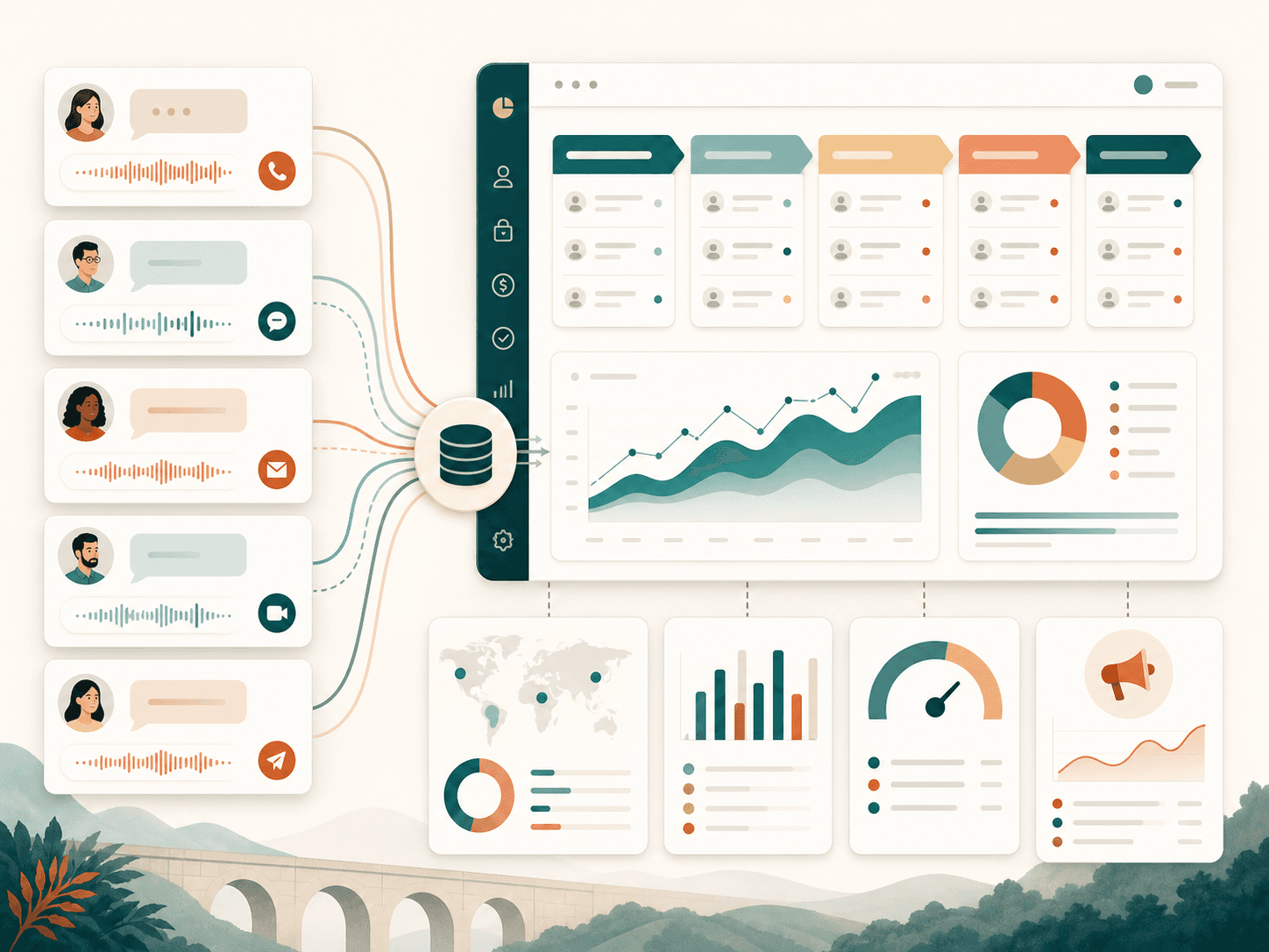 Customer conversations flowing into a CRM and campaign intelligence dashboard